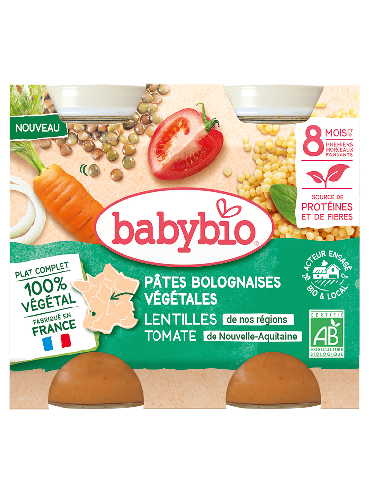 Babybio Pâtes Bolognaises Végétales - Carottes Lentilles de Nos Régions Tomates 400 g
